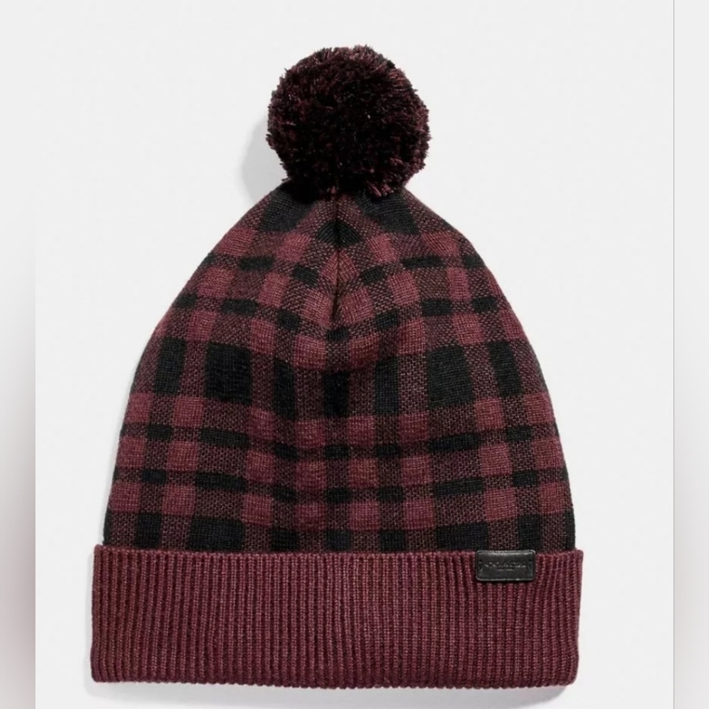 COACH Hat Beanie Plaid Pom Pom Oxblood F20156  Retail $95.00 NWT